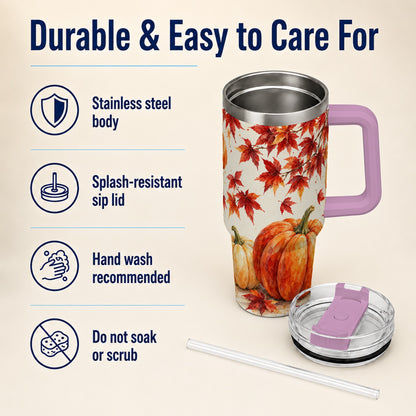 #pl[40oz|Pink] Autumn Pumpkin 40oz Tumbler with Handle, Maple Stainless Steel Travel Cup