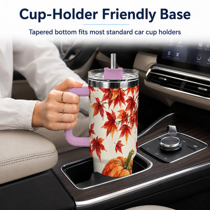 #pl[40oz|Pink] Autumn Pumpkin 40oz Tumbler with Handle, Maple Stainless Steel Travel Cup