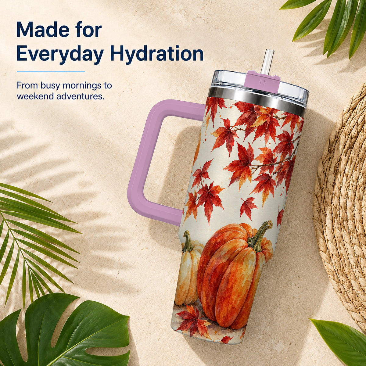 #pl[40oz|Pink] Autumn Pumpkin 40oz Tumbler with Handle, Maple Stainless Steel Travel Cup