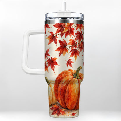 Autumn Pumpkin 40oz Tumbler with Handle, Maple Stainless Steel Travel Cup