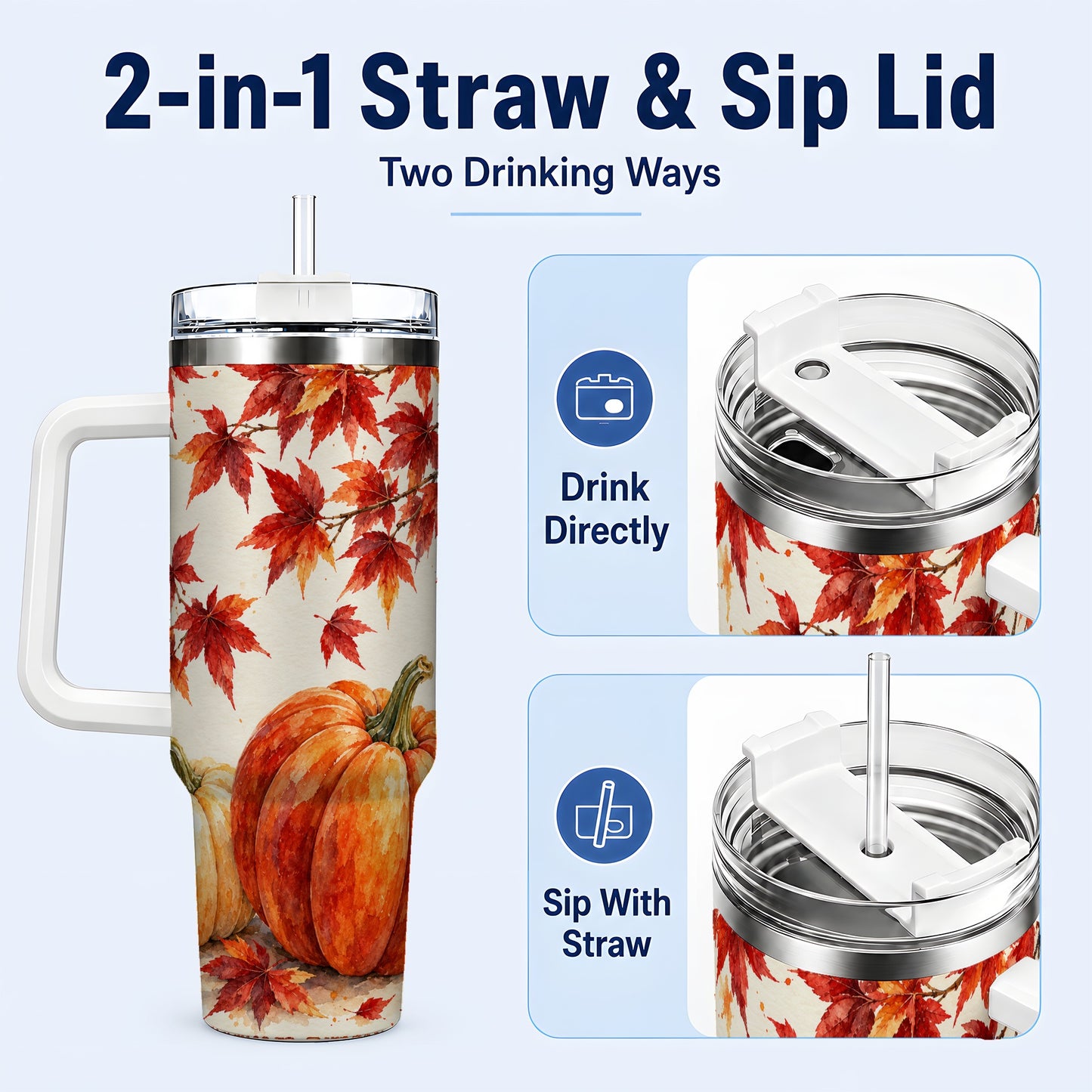 #pl[40oz|White] Autumn Pumpkin 40oz Tumbler with Handle, Maple Stainless Steel Travel Cup