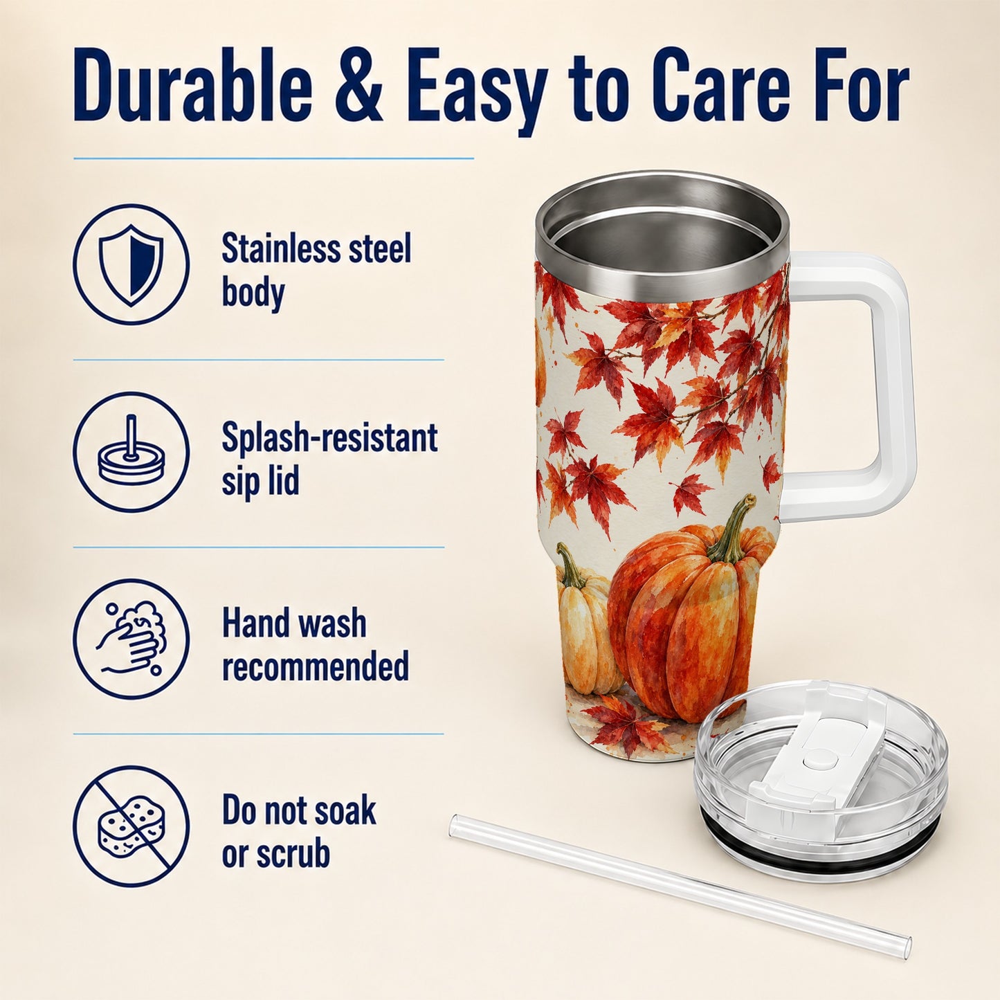 #pl[40oz|White] Autumn Pumpkin 40oz Tumbler with Handle, Maple Stainless Steel Travel Cup