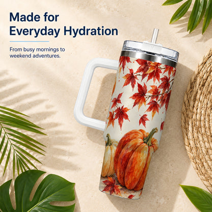 #pl[40oz|White] Autumn Pumpkin 40oz Tumbler with Handle, Maple Stainless Steel Travel Cup