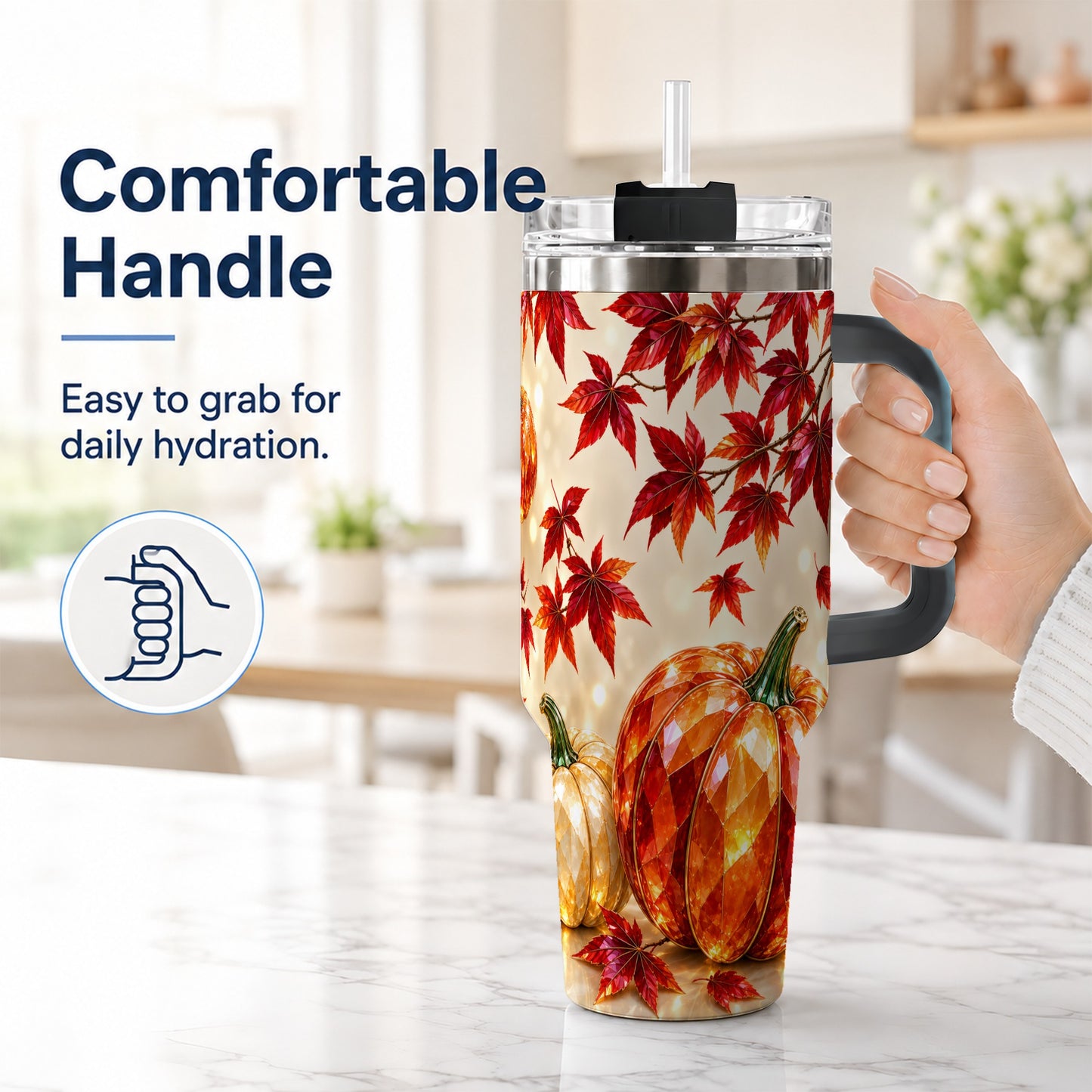#pl[40oz|Black] Jeweled Pumpkin 40oz Tumbler with Handle, Autumn Stainless Steel Travel Cup