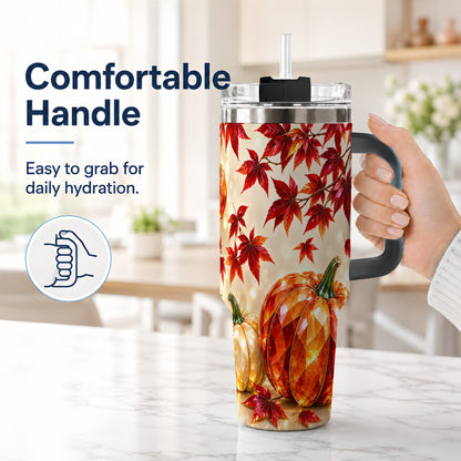 #pl[40oz|Black] Jeweled Pumpkin 40oz Tumbler with Handle, Autumn Stainless Steel Travel Cup