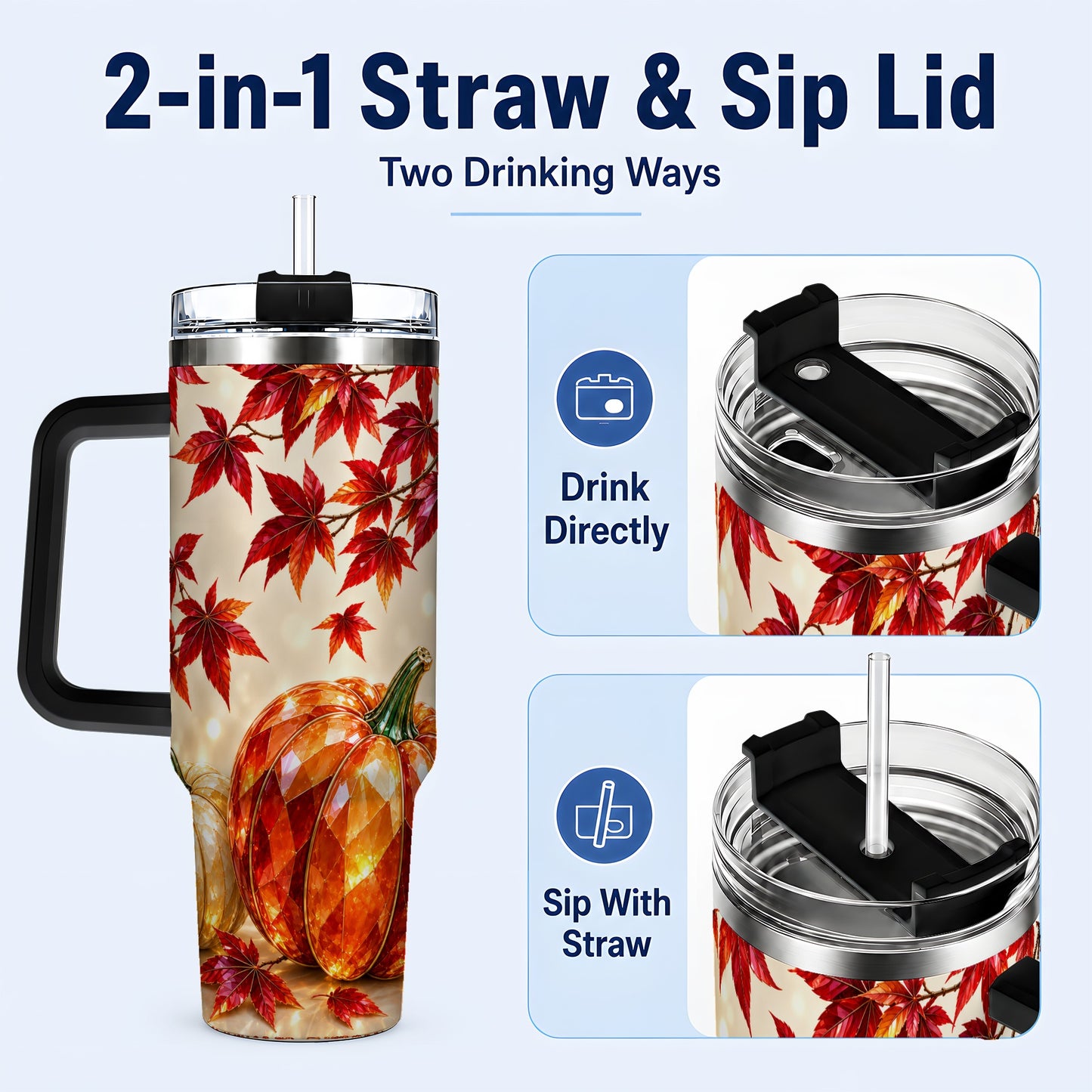 #pl[40oz|Black] Jeweled Pumpkin 40oz Tumbler with Handle, Autumn Stainless Steel Travel Cup