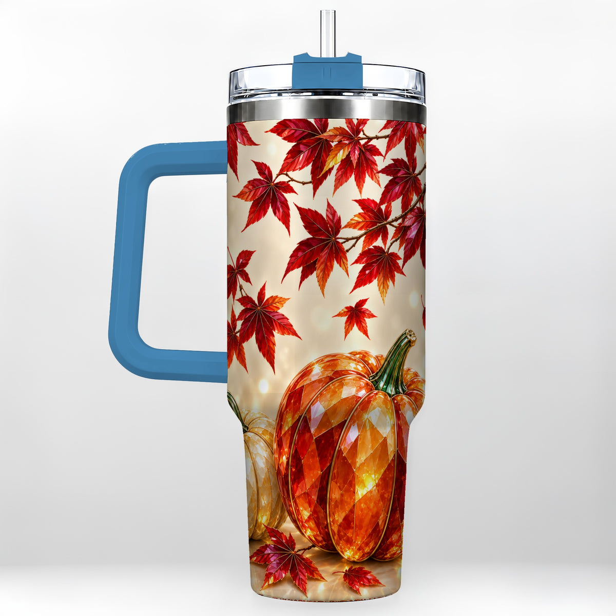 #pl[40oz|Blue] Jeweled Pumpkin 40oz Tumbler with Handle, Autumn Stainless Steel Travel Cup