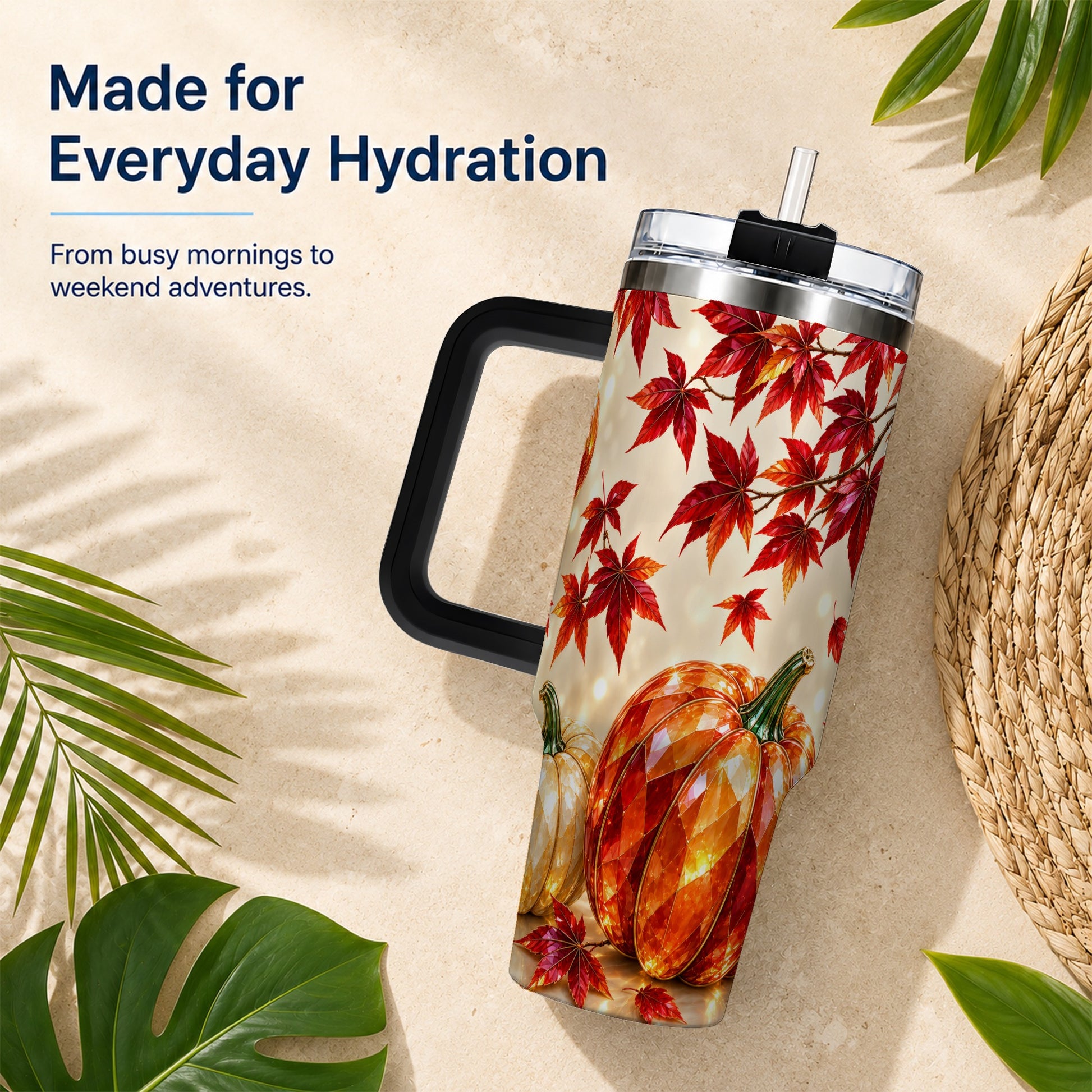 #pl[40oz|Black] Jeweled Pumpkin 40oz Tumbler with Handle, Autumn Stainless Steel Travel Cup