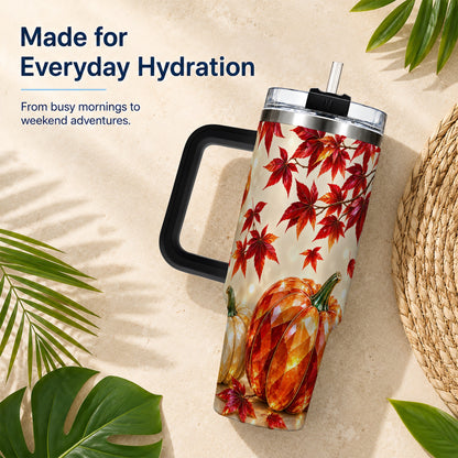 #pl[40oz|Black] Jeweled Pumpkin 40oz Tumbler with Handle, Autumn Stainless Steel Travel Cup