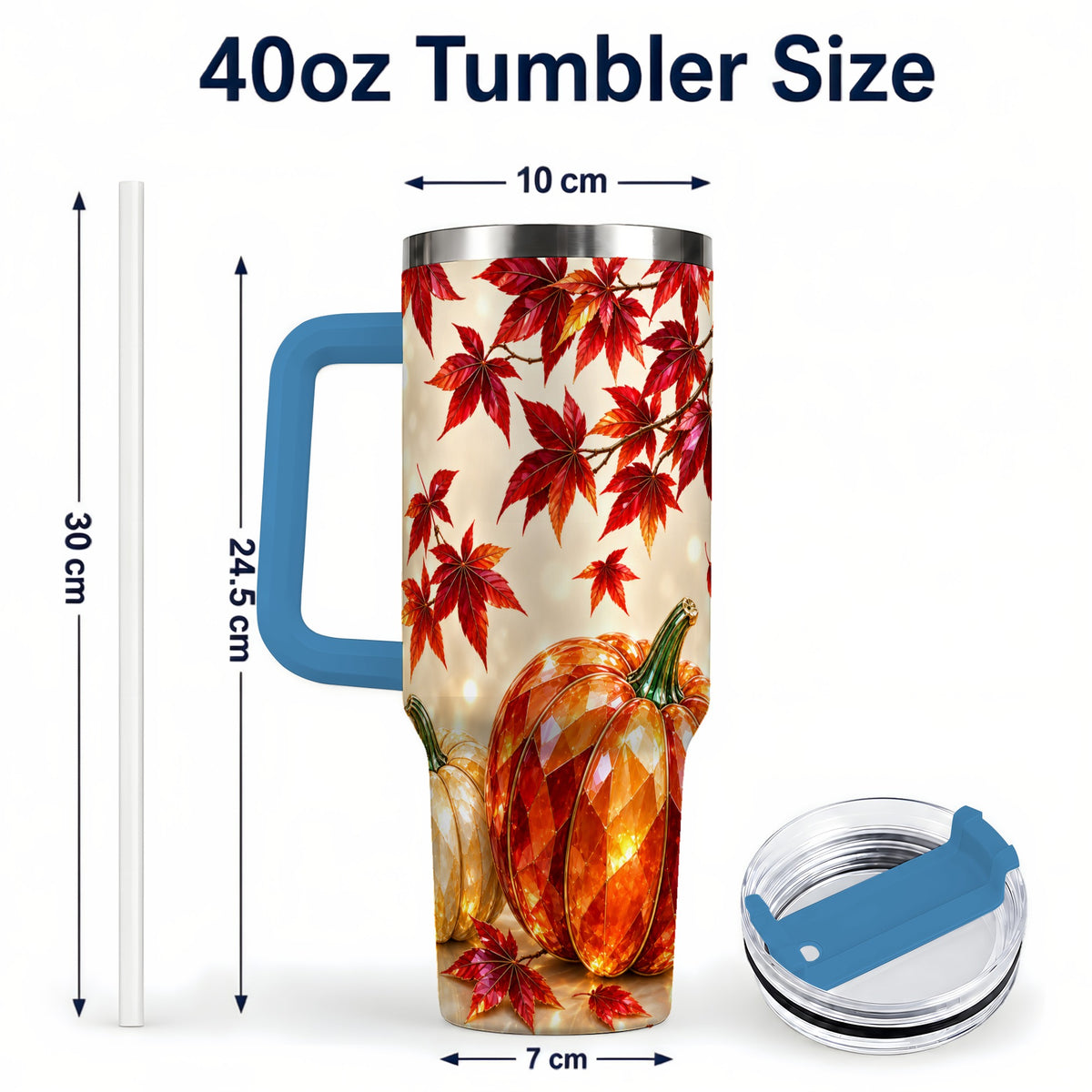 #pl[40oz|Blue] Jeweled Pumpkin 40oz Tumbler with Handle, Autumn Stainless Steel Travel Cup