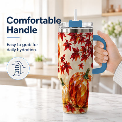 #pl[40oz|Blue] Jeweled Pumpkin 40oz Tumbler with Handle, Autumn Stainless Steel Travel Cup