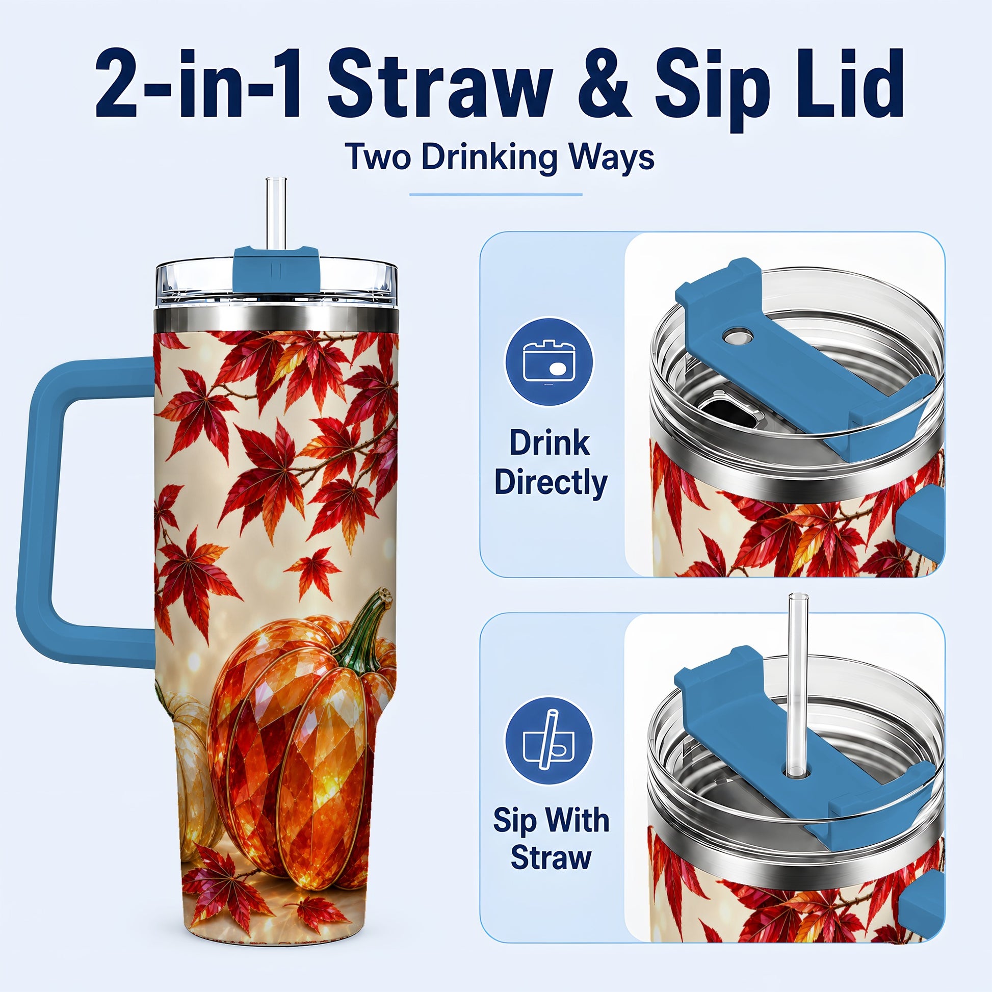 #pl[40oz|Blue] Jeweled Pumpkin 40oz Tumbler with Handle, Autumn Stainless Steel Travel Cup