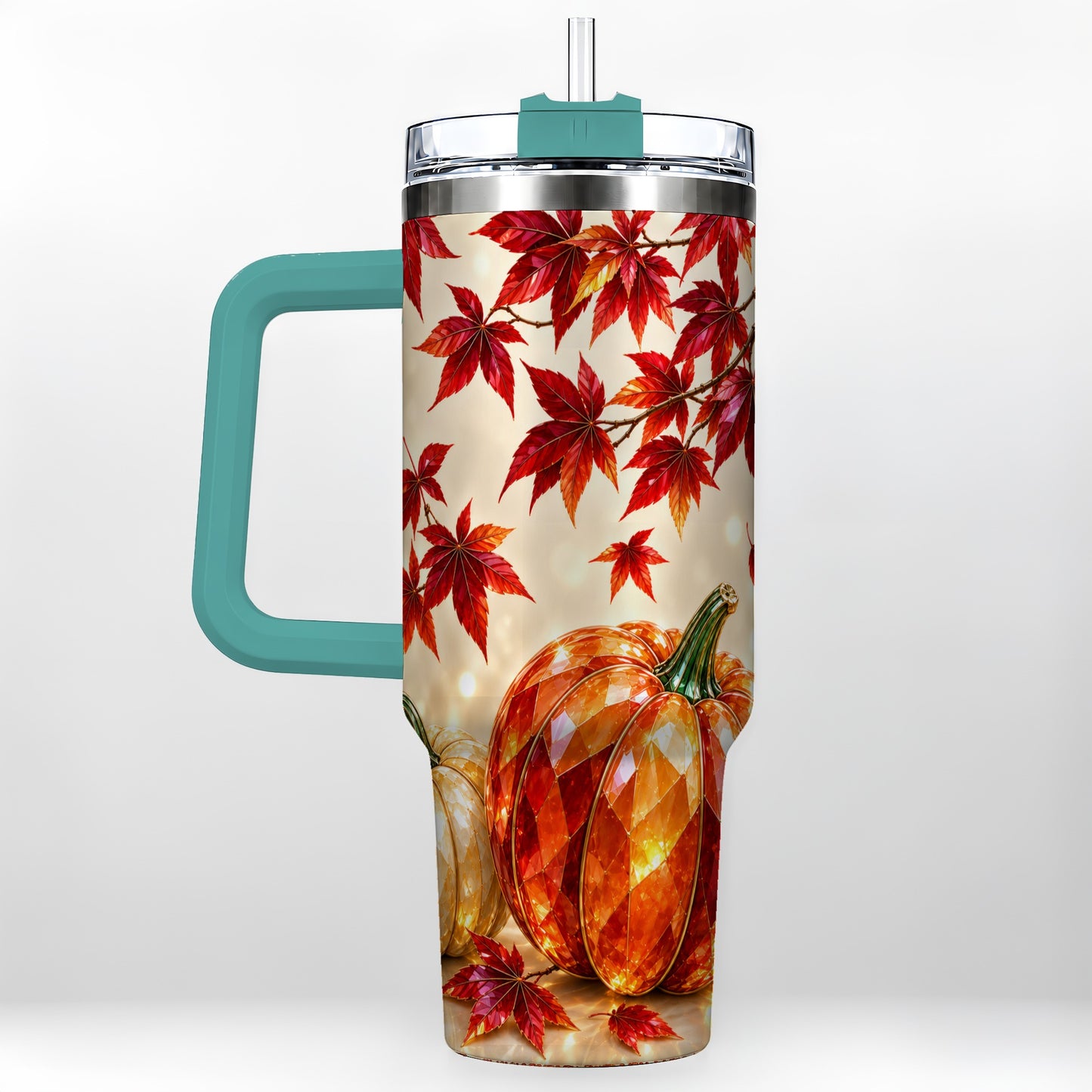 #pl[40oz|Green] Jeweled Pumpkin 40oz Tumbler with Handle, Autumn Stainless Steel Travel Cup