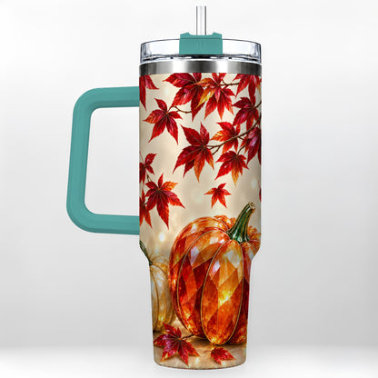 #pl[40oz|Green] Jeweled Pumpkin 40oz Tumbler with Handle, Autumn Stainless Steel Travel Cup