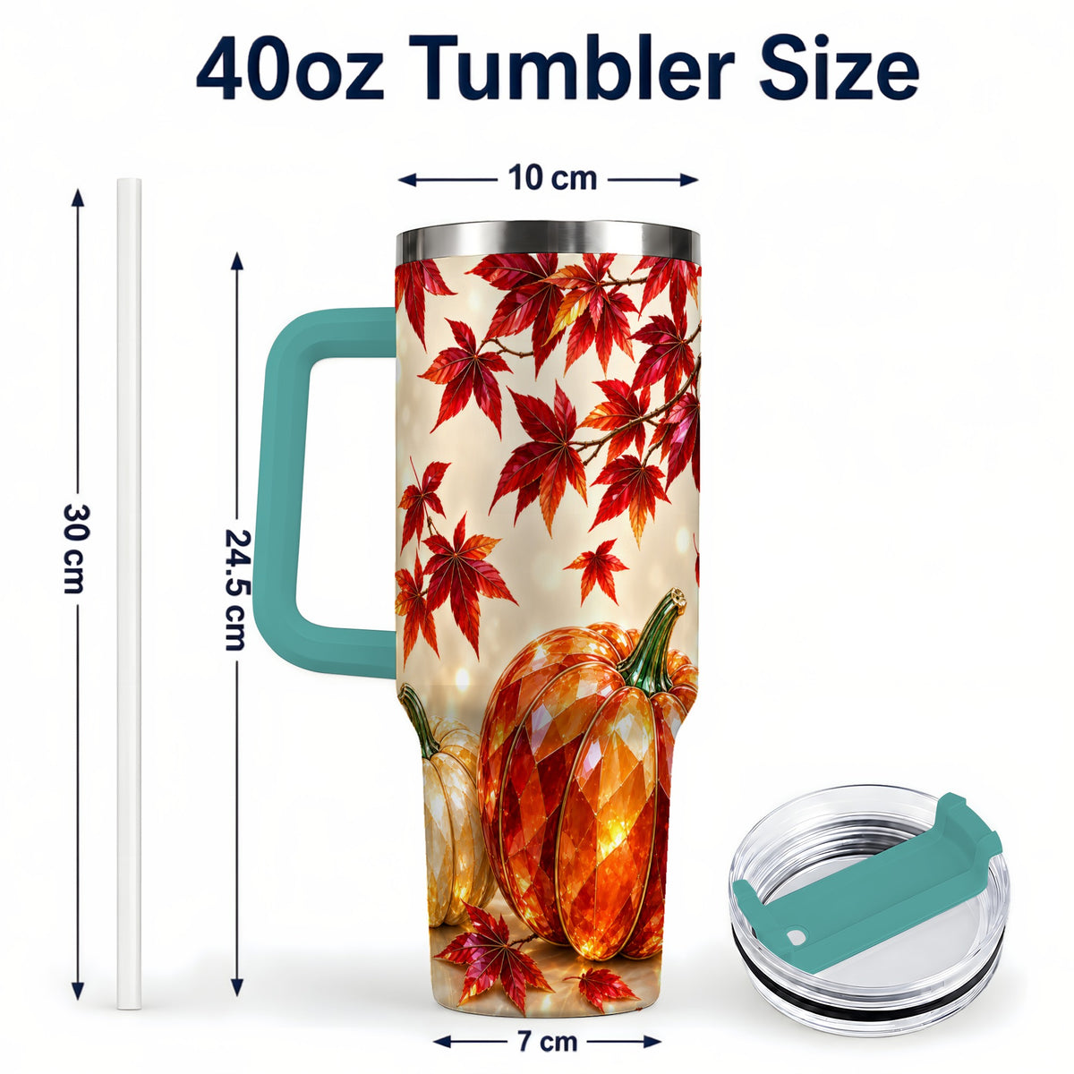 #pl[40oz|Green] Jeweled Pumpkin 40oz Tumbler with Handle, Autumn Stainless Steel Travel Cup