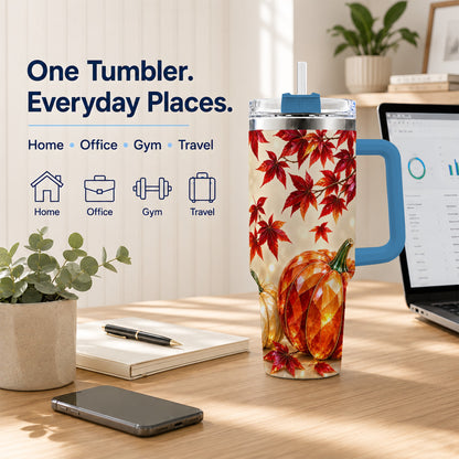 #pl[40oz|Blue] Jeweled Pumpkin 40oz Tumbler with Handle, Autumn Stainless Steel Travel Cup
