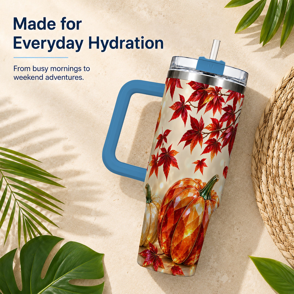 #pl[40oz|Blue] Jeweled Pumpkin 40oz Tumbler with Handle, Autumn Stainless Steel Travel Cup