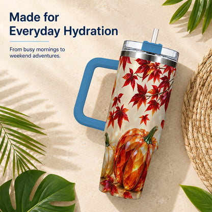 #pl[40oz|Blue] Jeweled Pumpkin 40oz Tumbler with Handle, Autumn Stainless Steel Travel Cup