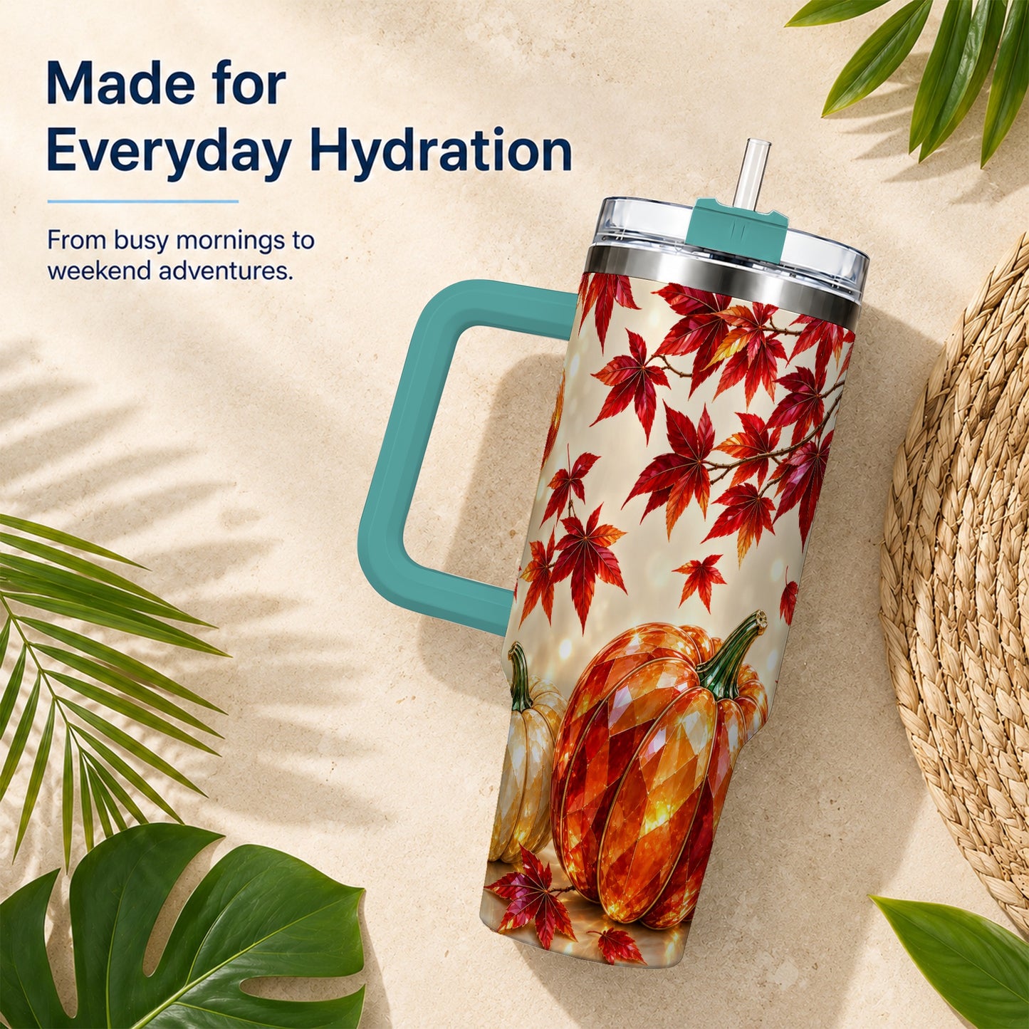 #pl[40oz|Green] Jeweled Pumpkin 40oz Tumbler with Handle, Autumn Stainless Steel Travel Cup
