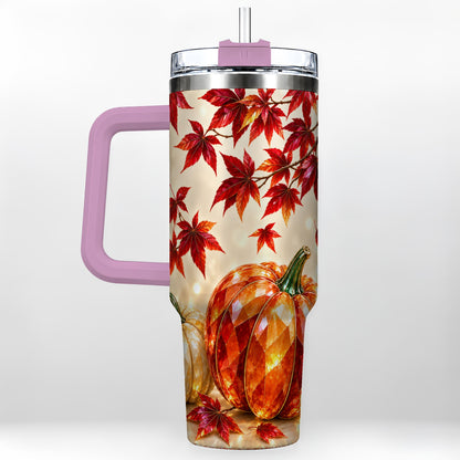 #pl[40oz|Pink] Jeweled Pumpkin 40oz Tumbler with Handle, Autumn Stainless Steel Travel Cup