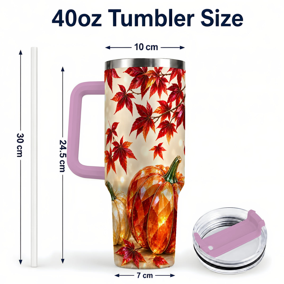 #pl[40oz|Pink] Jeweled Pumpkin 40oz Tumbler with Handle, Autumn Stainless Steel Travel Cup