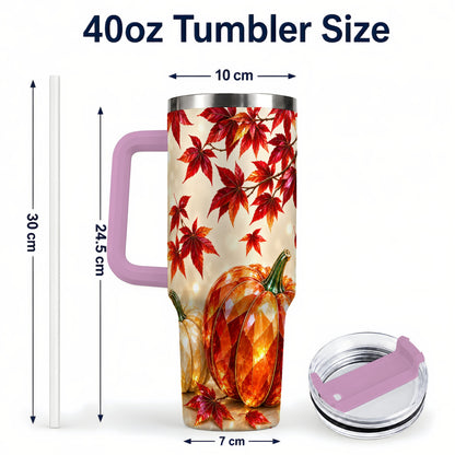 #pl[40oz|Pink] Jeweled Pumpkin 40oz Tumbler with Handle, Autumn Stainless Steel Travel Cup