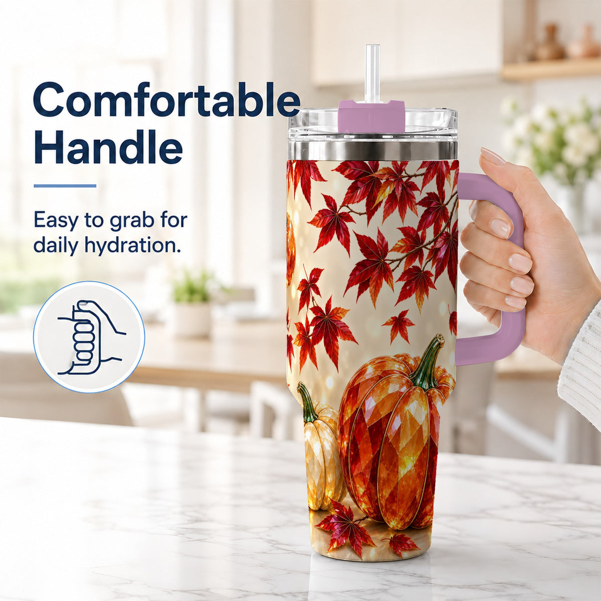#pl[40oz|Pink] Jeweled Pumpkin 40oz Tumbler with Handle, Autumn Stainless Steel Travel Cup