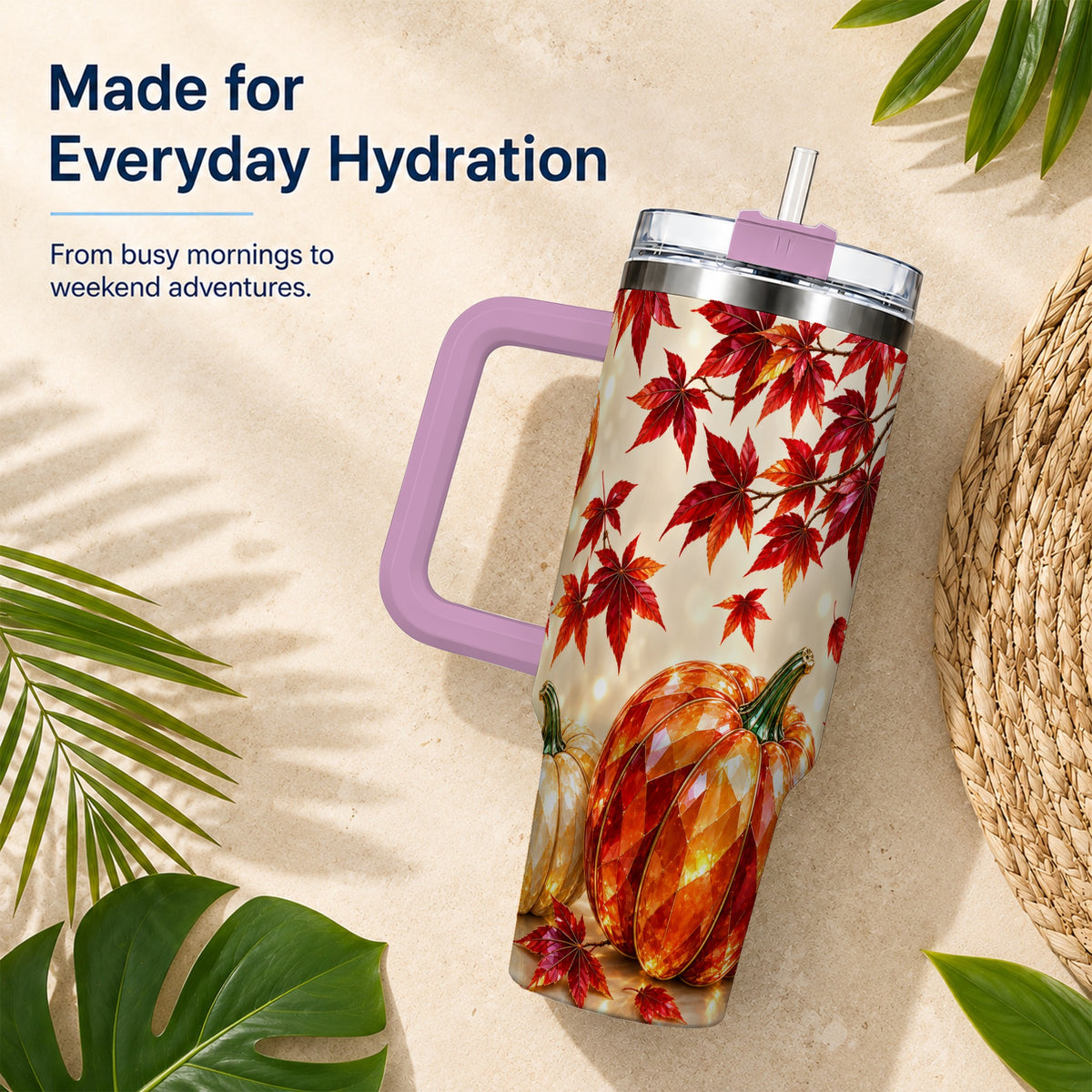 #pl[40oz|Pink] Jeweled Pumpkin 40oz Tumbler with Handle, Autumn Stainless Steel Travel Cup