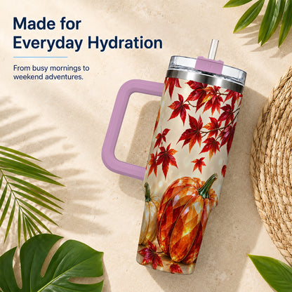 #pl[40oz|Pink] Jeweled Pumpkin 40oz Tumbler with Handle, Autumn Stainless Steel Travel Cup