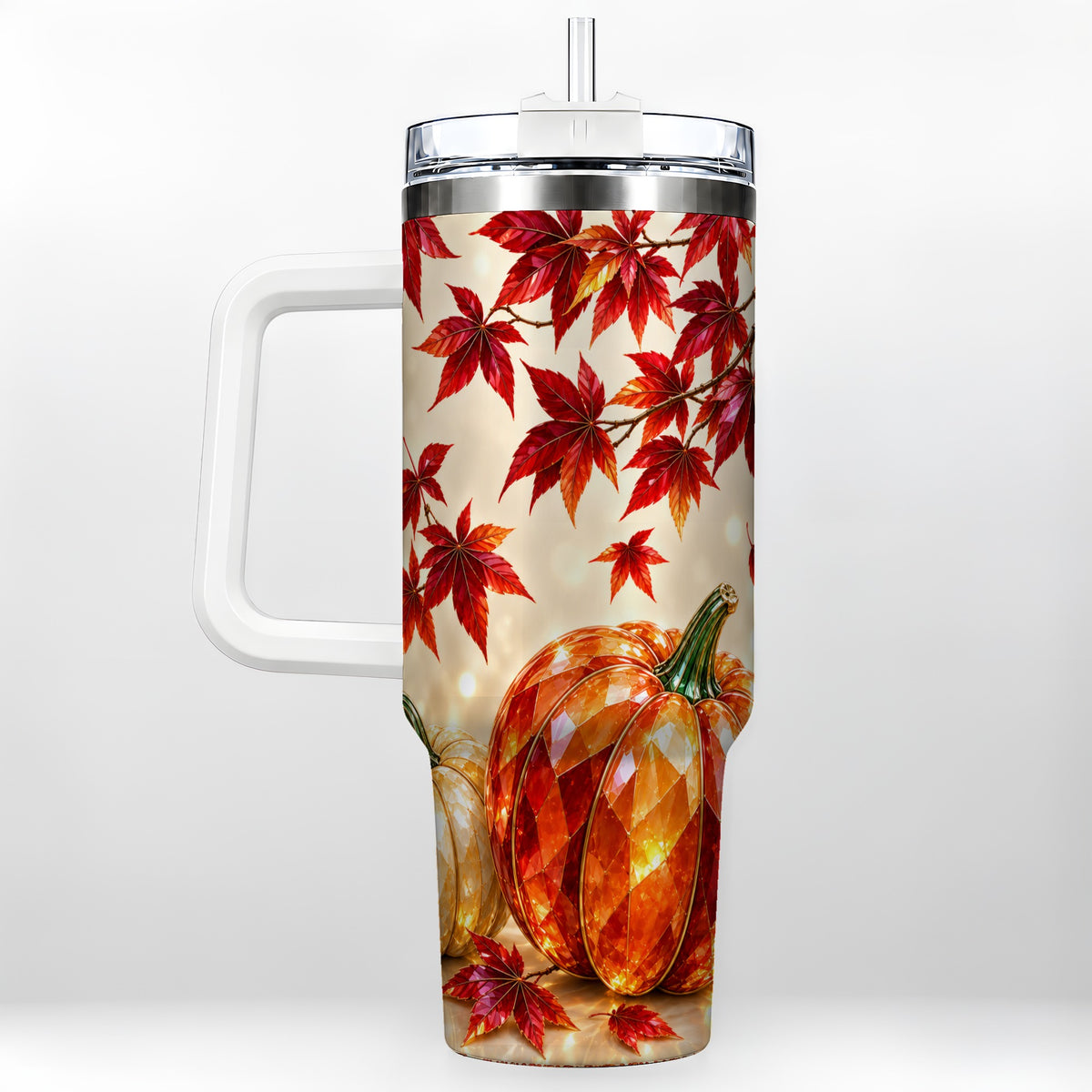 Jeweled Pumpkin 40oz Tumbler with Handle, Autumn Stainless Steel Travel Cup