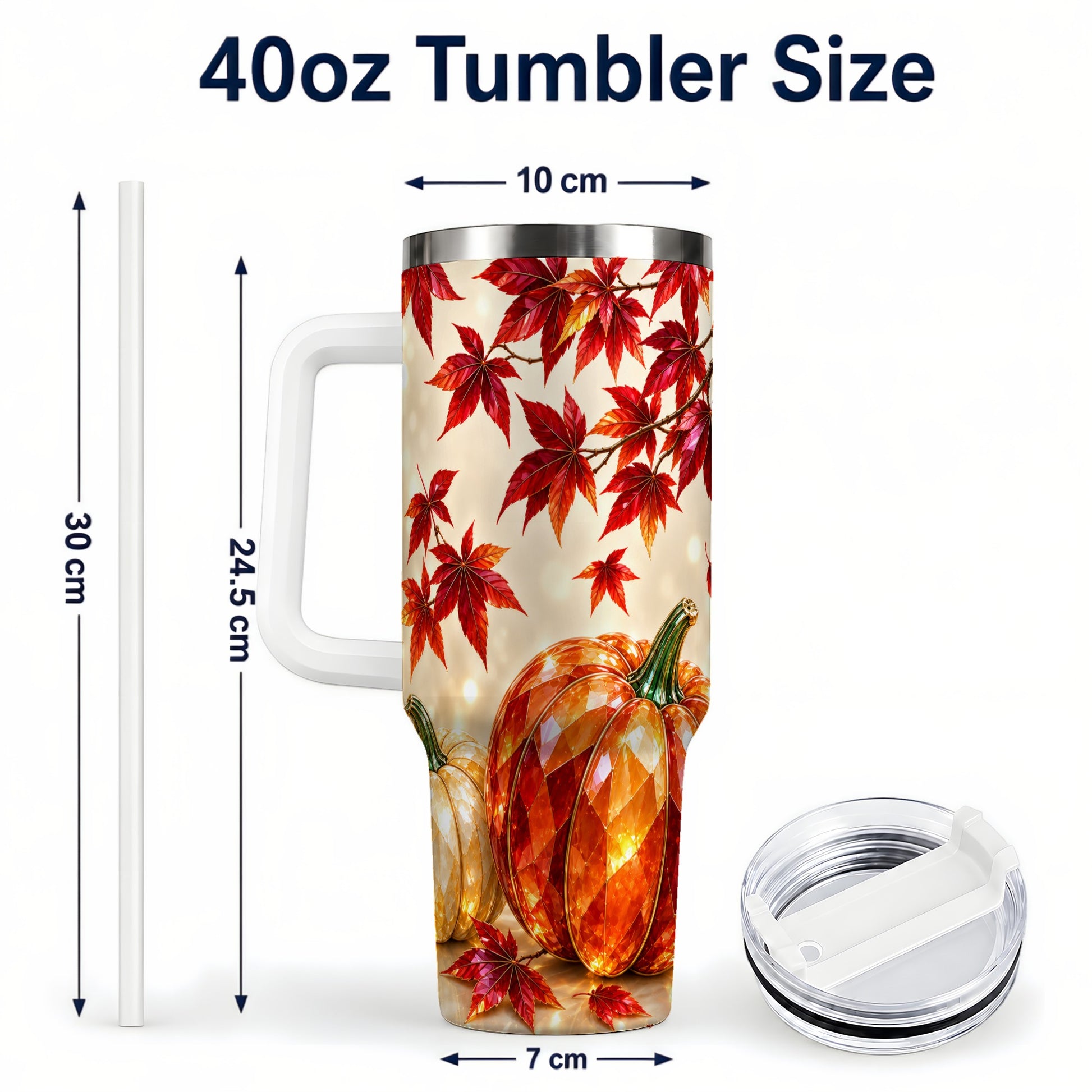 #pl[40oz|White] Jeweled Pumpkin 40oz Tumbler with Handle, Autumn Stainless Steel Travel Cup