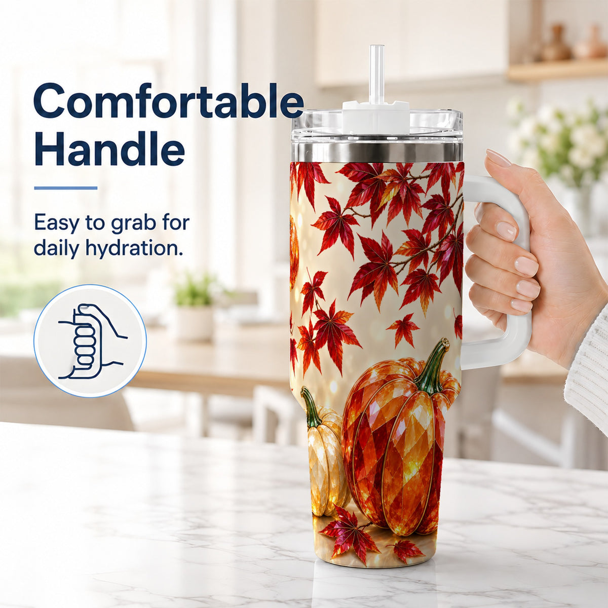 #pl[40oz|White] Jeweled Pumpkin 40oz Tumbler with Handle, Autumn Stainless Steel Travel Cup