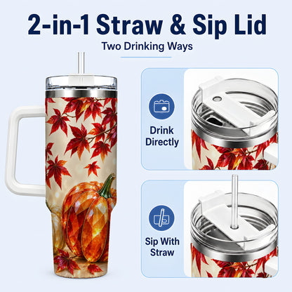 #pl[40oz|White] Jeweled Pumpkin 40oz Tumbler with Handle, Autumn Stainless Steel Travel Cup