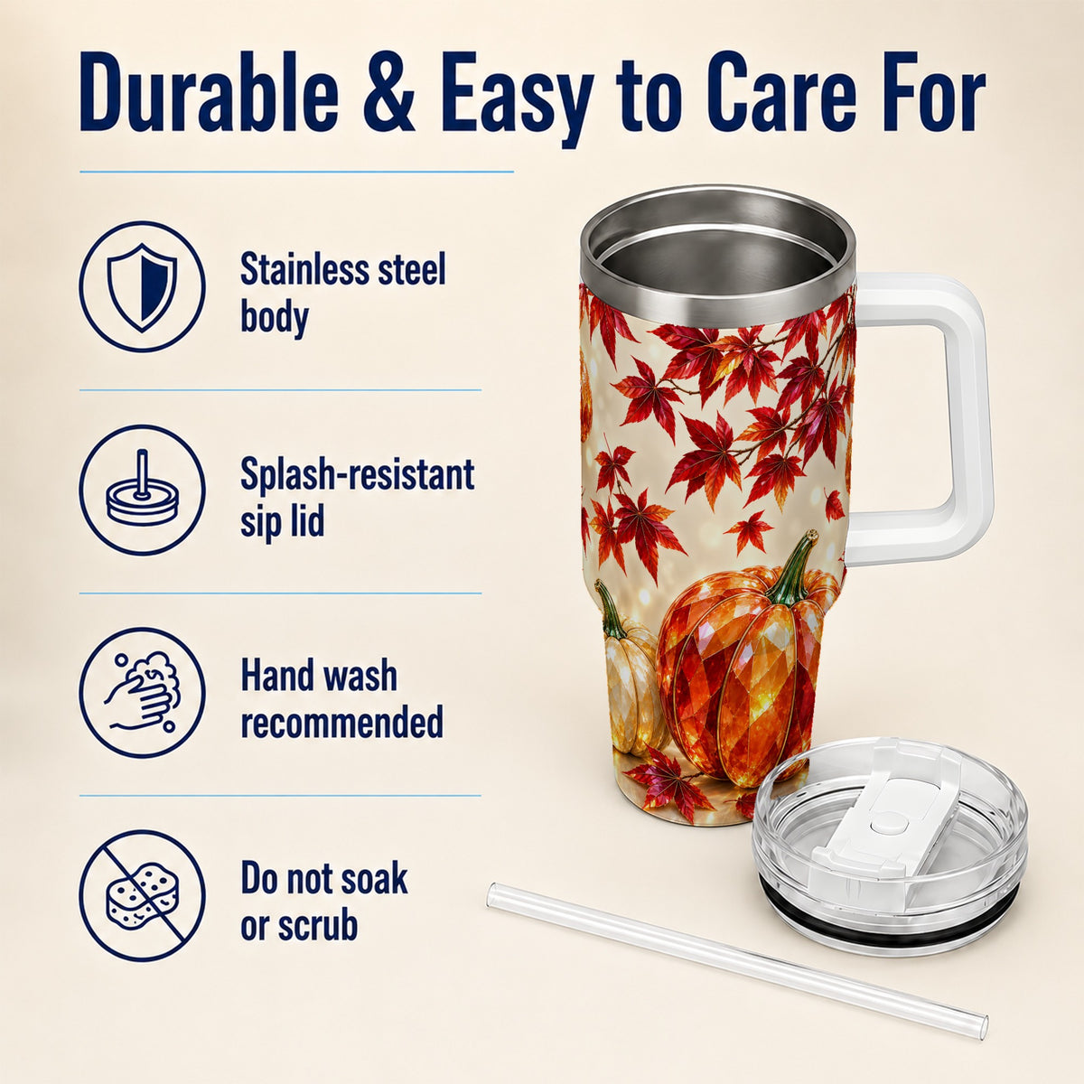 #pl[40oz|White] Jeweled Pumpkin 40oz Tumbler with Handle, Autumn Stainless Steel Travel Cup