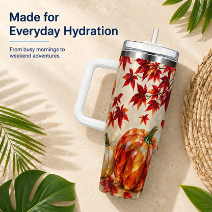 #pl[40oz|White] Jeweled Pumpkin 40oz Tumbler with Handle, Autumn Stainless Steel Travel Cup