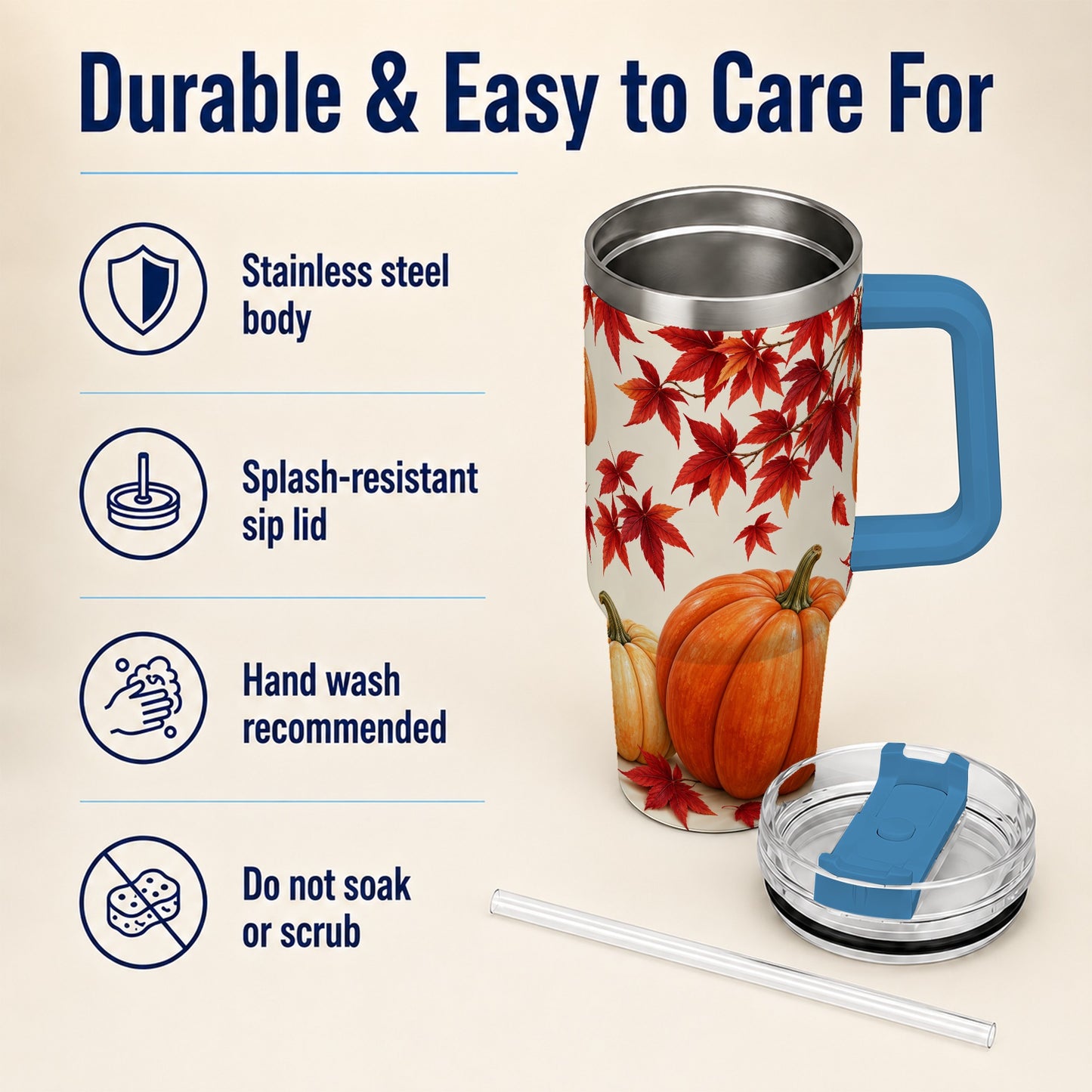 #pl[40oz|Blue] Autumn Pumpkin Tumbler 40oz, Harvest Tumbler, Stainless Steel Travel Cup