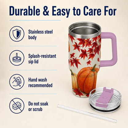 #pl[40oz|Pink] Autumn Pumpkin Tumbler 40oz, Harvest Tumbler, Stainless Steel Travel Cup