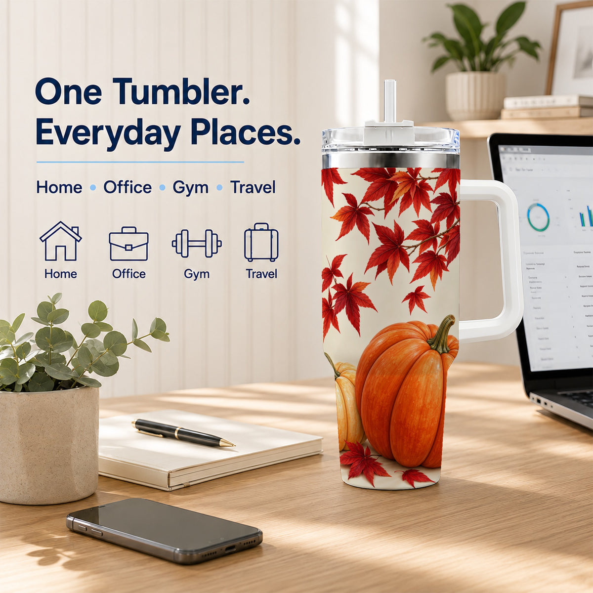 #pl[40oz|White] Autumn Pumpkin Tumbler 40oz, Harvest Tumbler, Stainless Steel Travel Cup