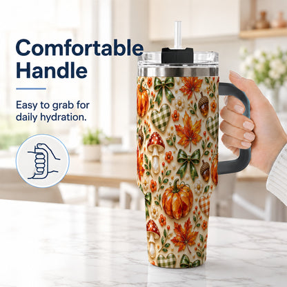#pl[40oz|Black] Fall Woodland Tumbler 40oz, Pumpkin Tumbler, Stainless Steel Travel Cup