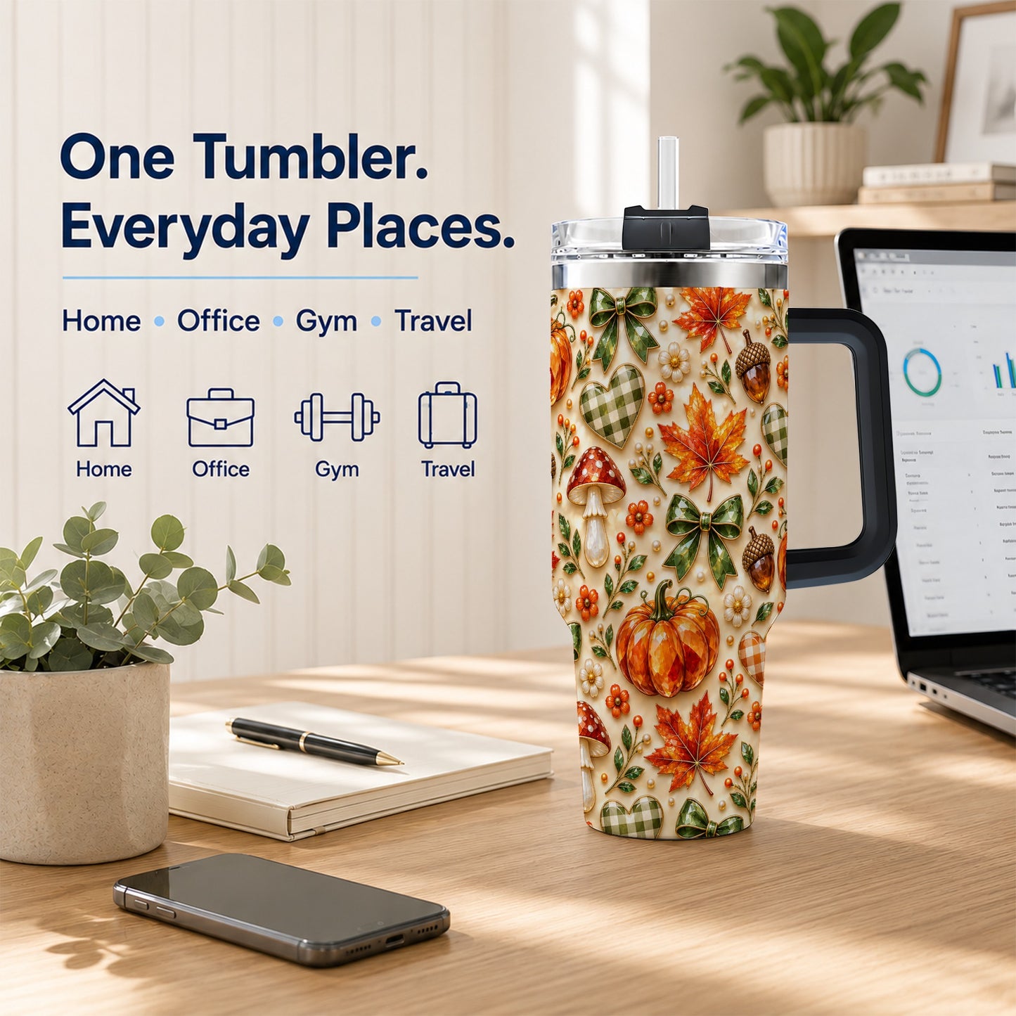 #pl[40oz|Black] Fall Woodland Tumbler 40oz, Pumpkin Tumbler, Stainless Steel Travel Cup