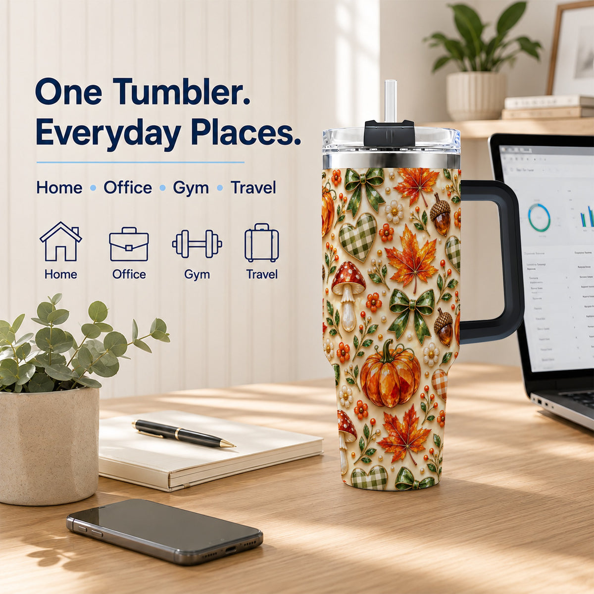 #pl[40oz|Black] Fall Woodland Tumbler 40oz, Pumpkin Tumbler, Stainless Steel Travel Cup