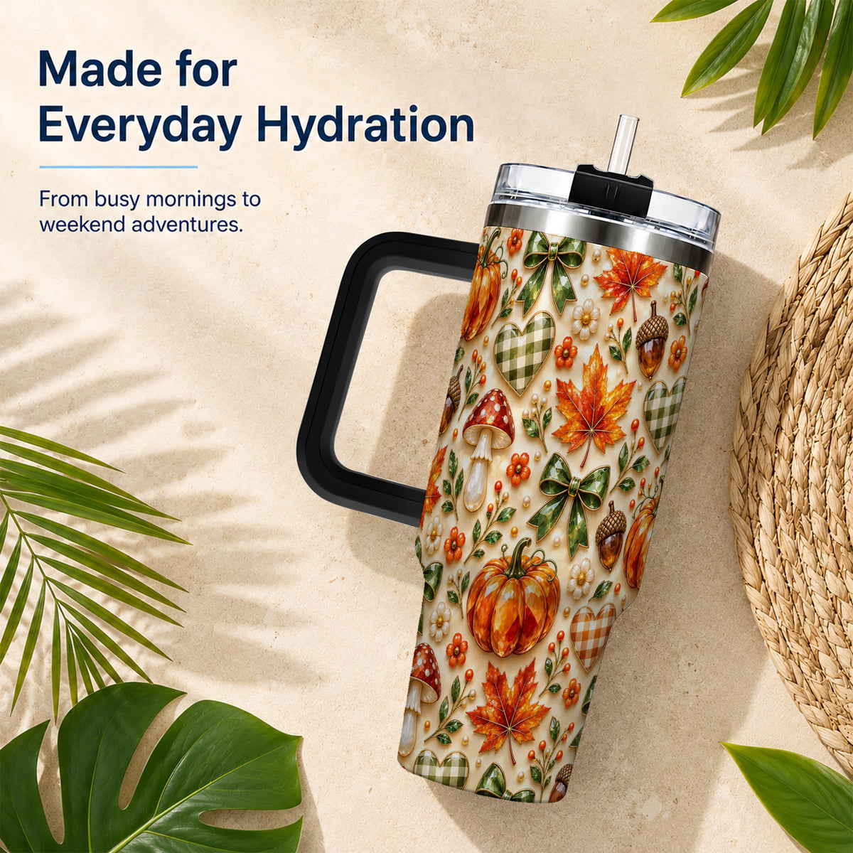 #pl[40oz|Black] Fall Woodland Tumbler 40oz, Pumpkin Tumbler, Stainless Steel Travel Cup