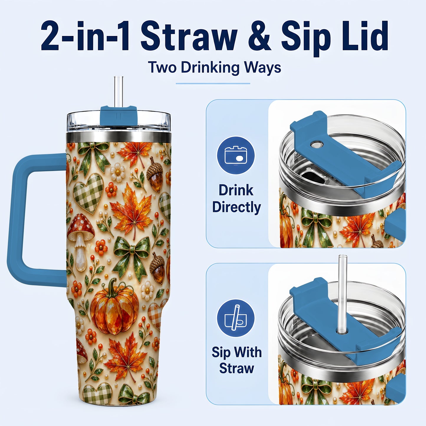 #pl[40oz|Blue] Fall Woodland Tumbler 40oz, Pumpkin Tumbler, Stainless Steel Travel Cup
