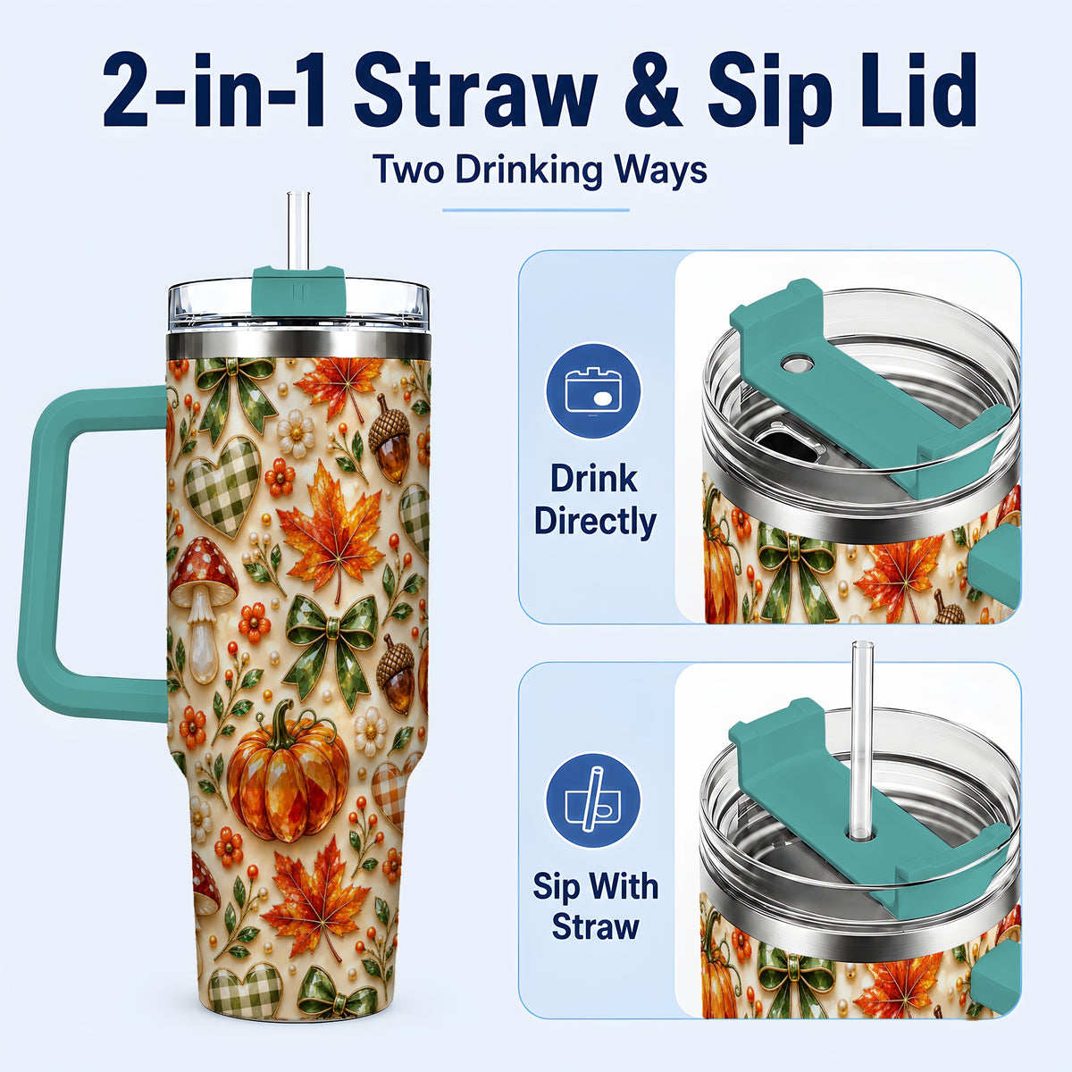 #pl[40oz|Green] Fall Woodland Tumbler 40oz, Pumpkin Tumbler, Stainless Steel Travel Cup