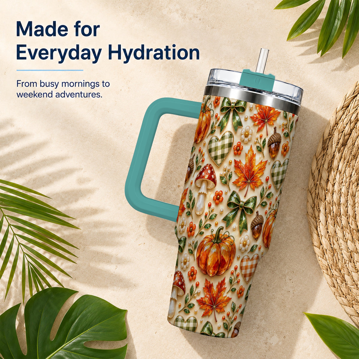 #pl[40oz|Green] Fall Woodland Tumbler 40oz, Pumpkin Tumbler, Stainless Steel Travel Cup