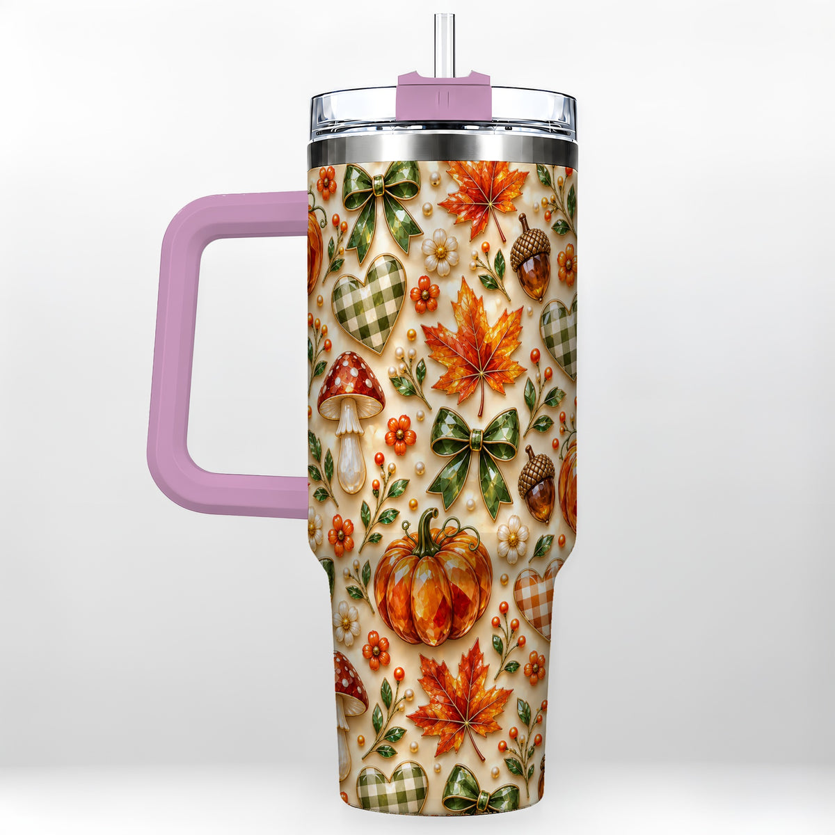 #pl[40oz|Pink] Fall Woodland Tumbler 40oz, Pumpkin Tumbler, Stainless Steel Travel Cup