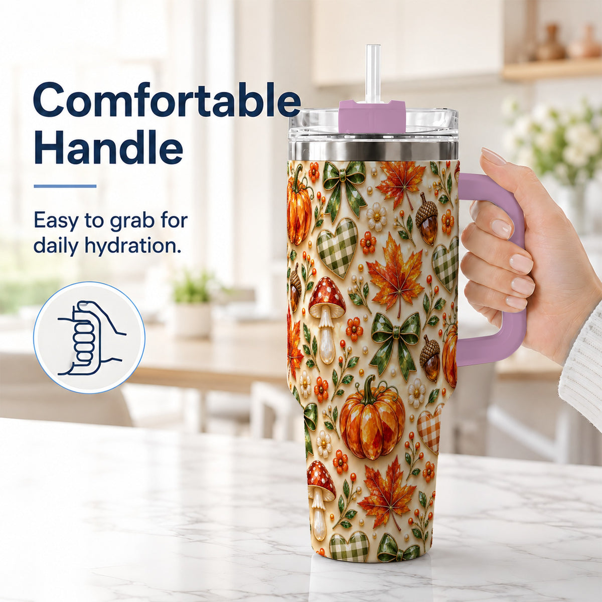 #pl[40oz|Pink] Fall Woodland Tumbler 40oz, Pumpkin Tumbler, Stainless Steel Travel Cup