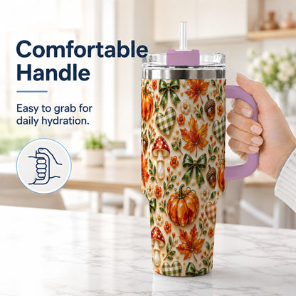 #pl[40oz|Pink] Fall Woodland Tumbler 40oz, Pumpkin Tumbler, Stainless Steel Travel Cup