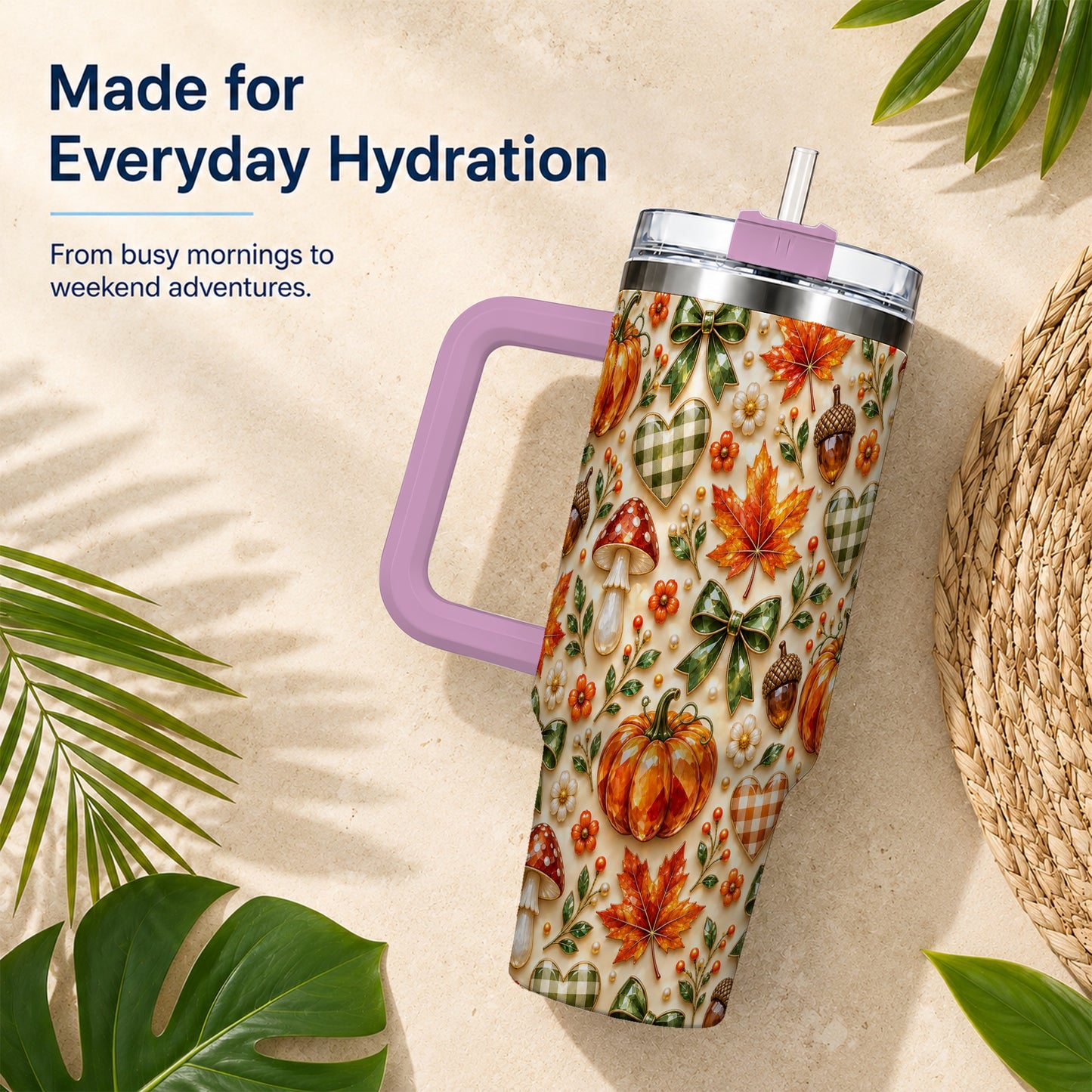 #pl[40oz|Pink] Fall Woodland Tumbler 40oz, Pumpkin Tumbler, Stainless Steel Travel Cup