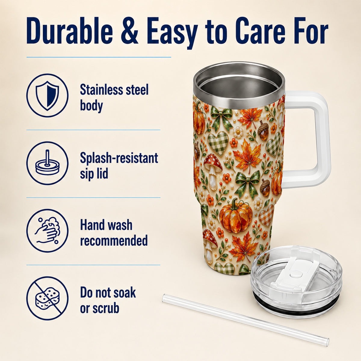 #pl[40oz|White] Fall Woodland Tumbler 40oz, Pumpkin Tumbler, Stainless Steel Travel Cup
